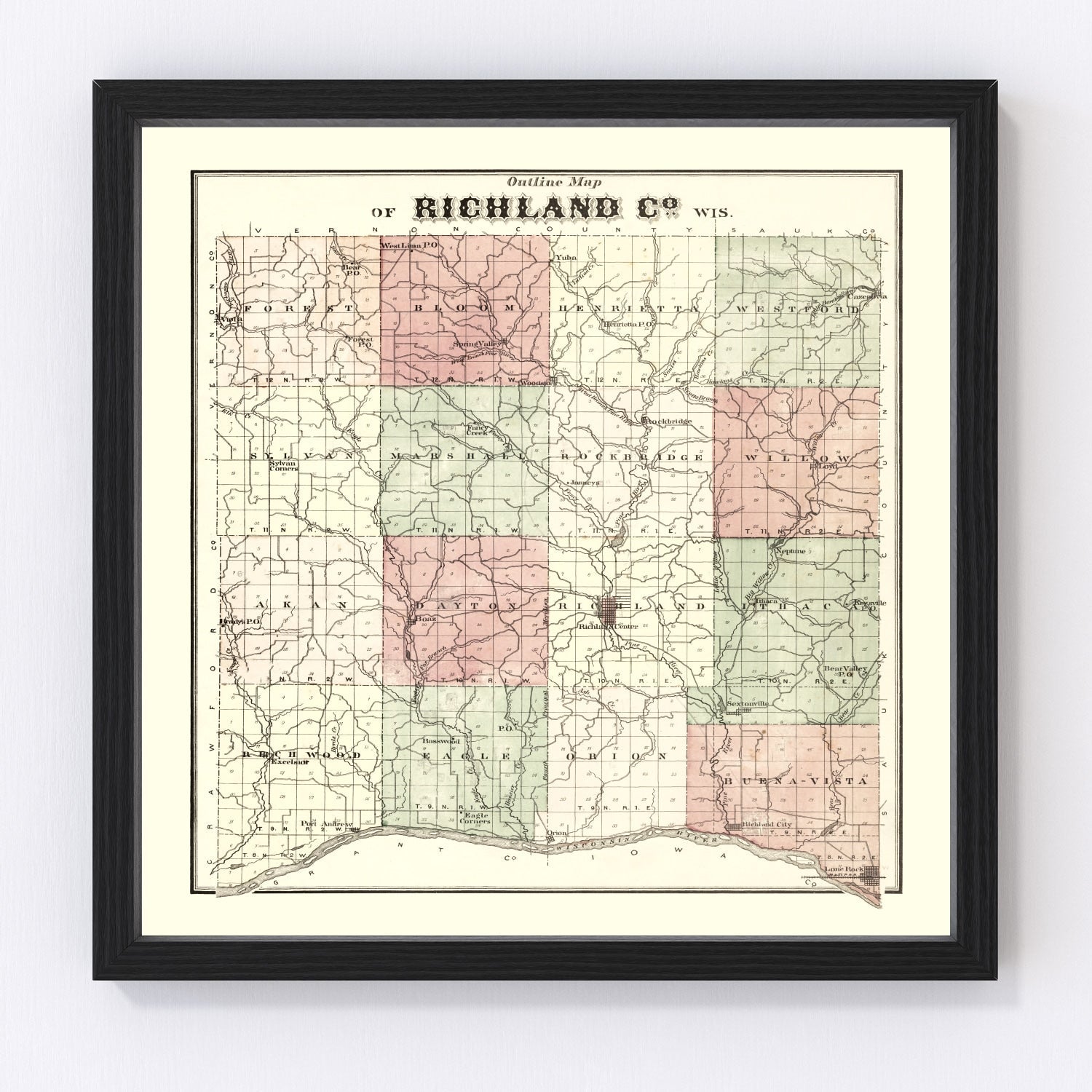 Vintage map of Richland County, Wisconsin, 1874