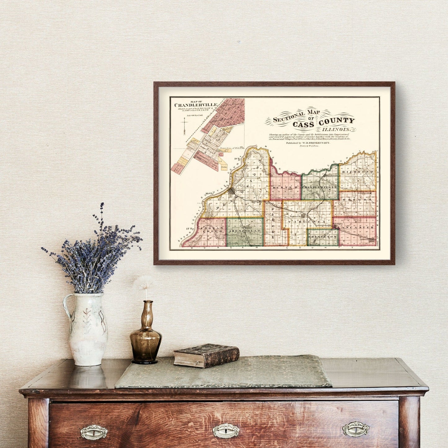 Vintage Map of Cass County, Illinois, 1874