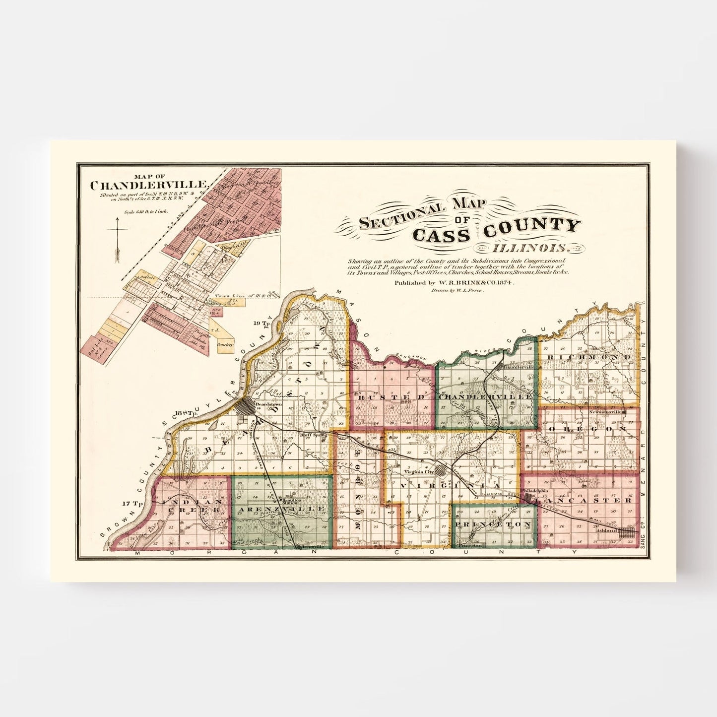 Vintage Map of Cass County, Illinois, 1874