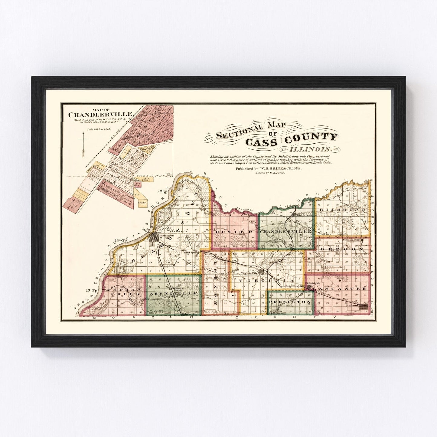 Vintage map of Cass County, Illinois, 1874, restored vintage wall art print