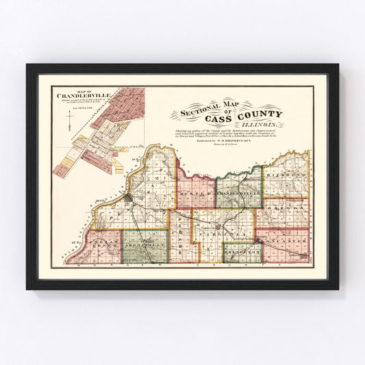 Vintage map of Cass County, Illinois, 1874, restored vintage wall art print