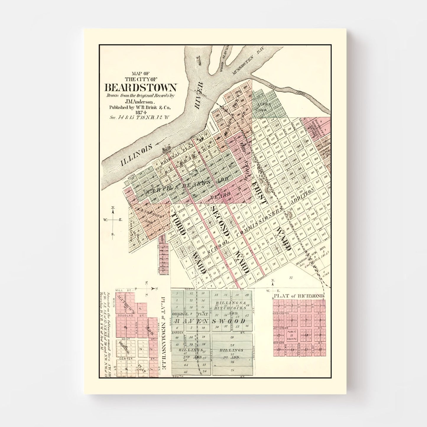 Vintage Map of Beardstown, Illinois, 1874