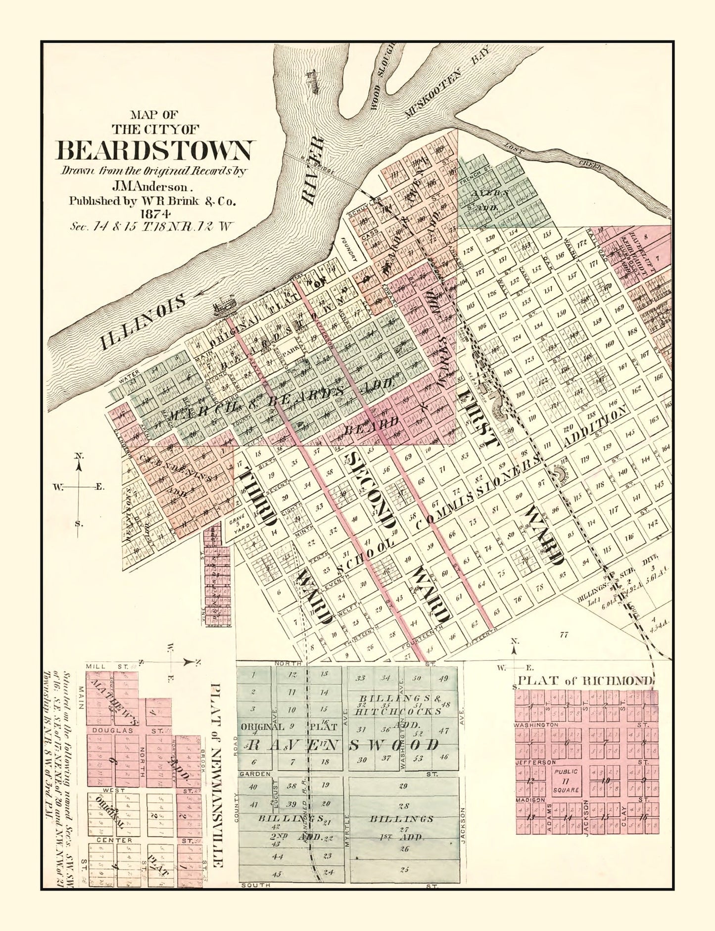 Vintage Map of Beardstown, Illinois, 1874