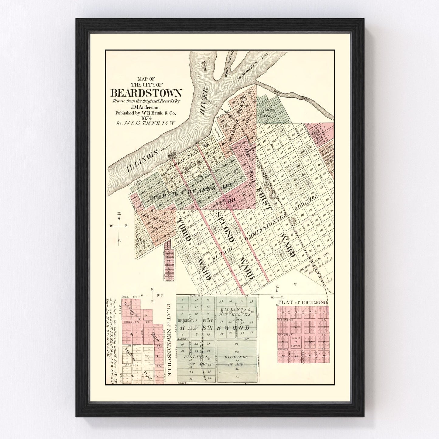 Vintage map of Beardstown, Illinois, 1874