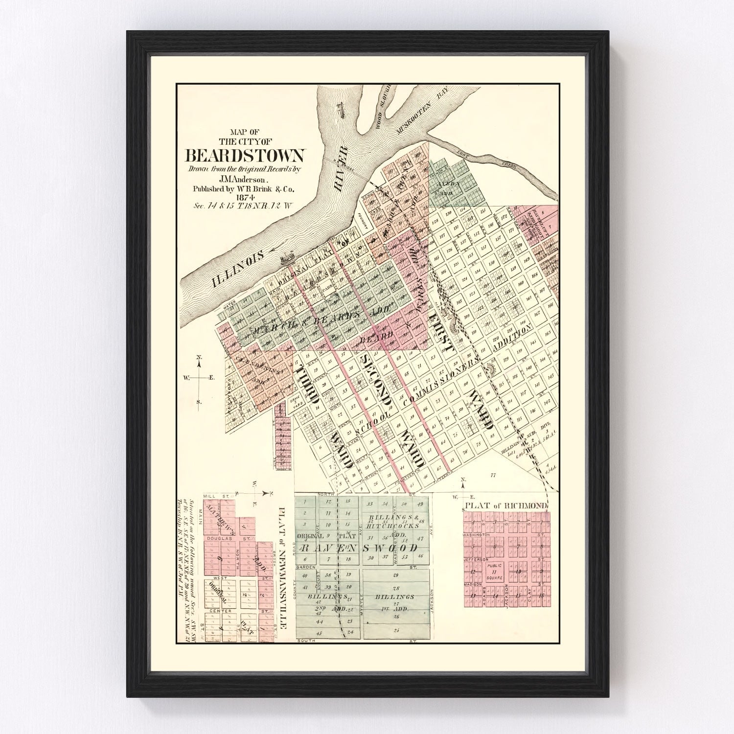 Vintage map of Beardstown, Illinois, 1874