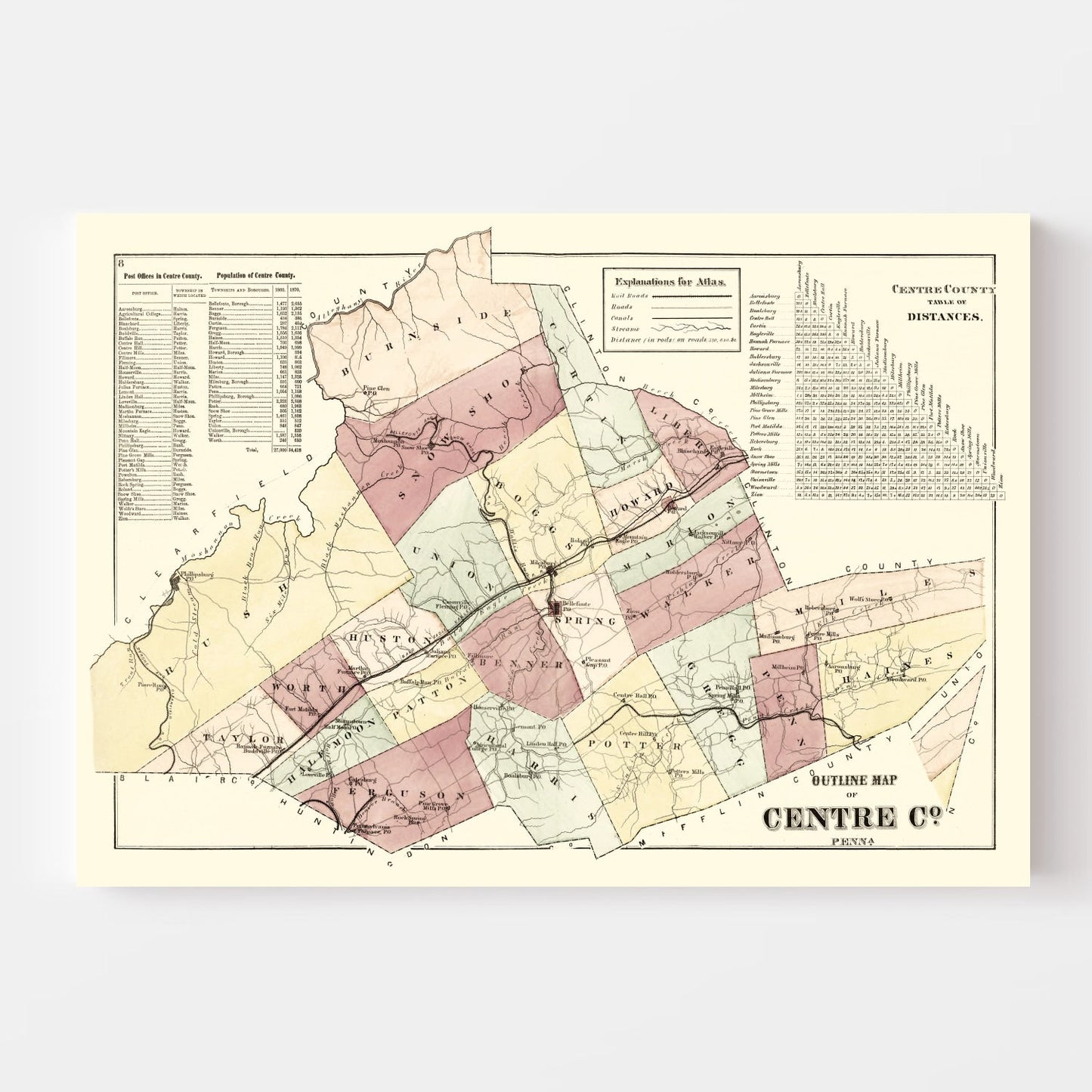 Vintage Map of Centre County, Pennsylvania, 1874