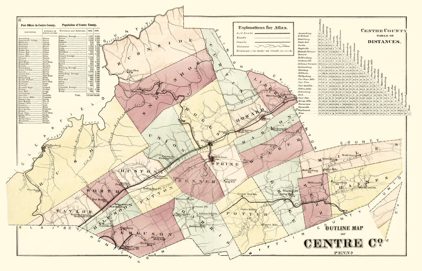 Vintage Map of Centre County, Pennsylvania, 1874