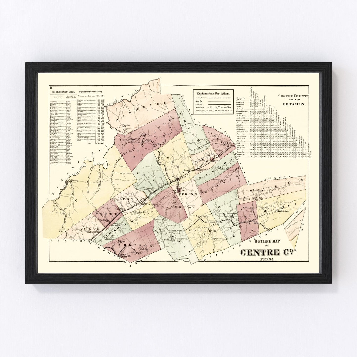 Vintage map of Centre County, Pennsylvania, 1874, restored vintage wall art print