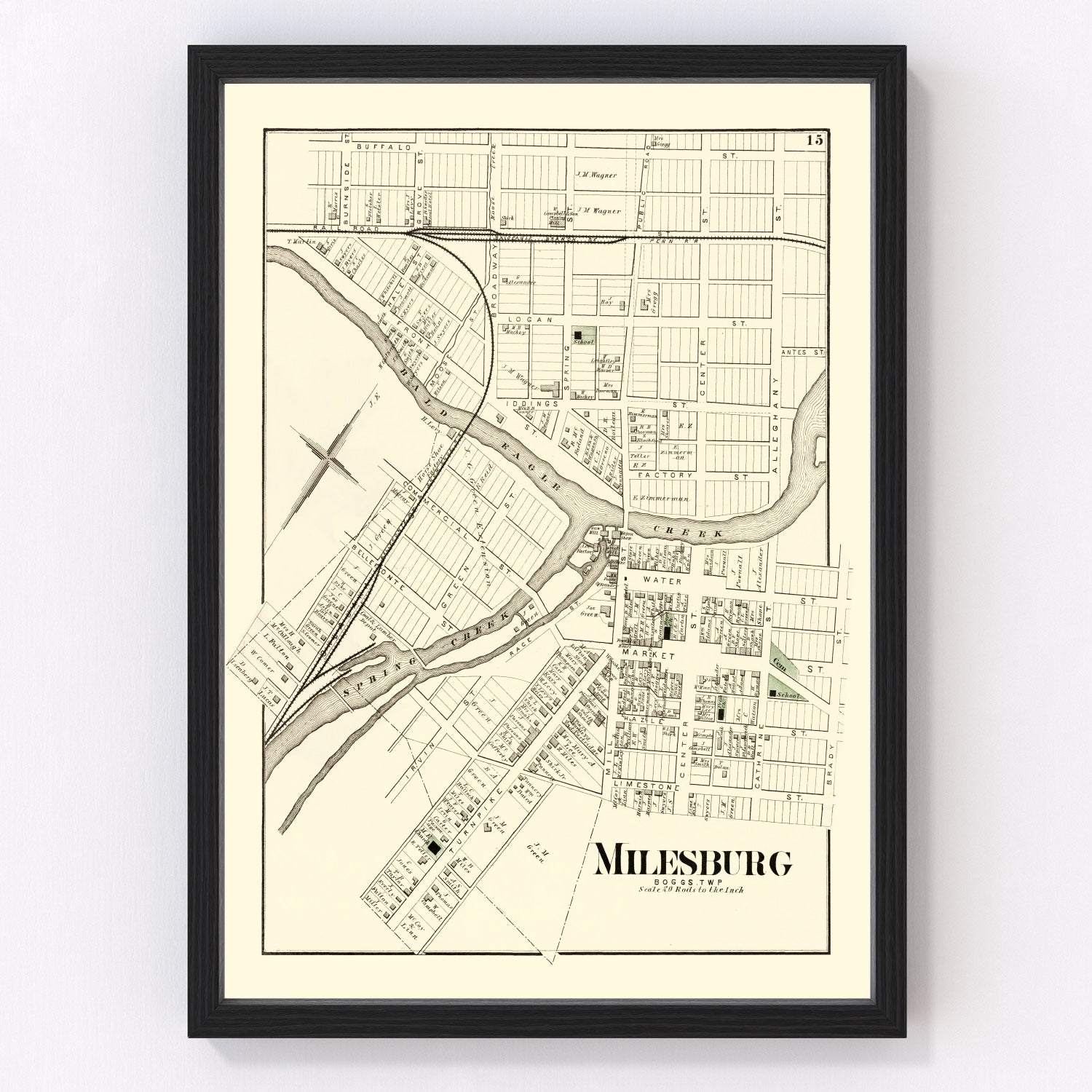 vintage map of Milesburg, Pennsylvania, 1874