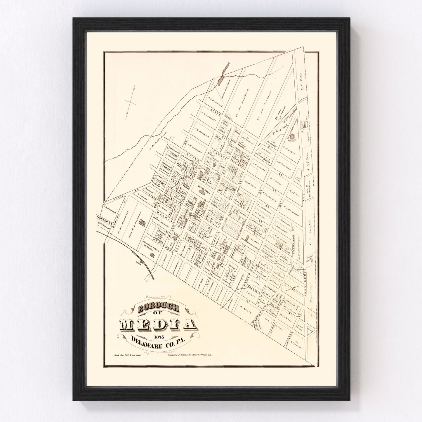 Vintage map of Media, Pennsylvania, 1875