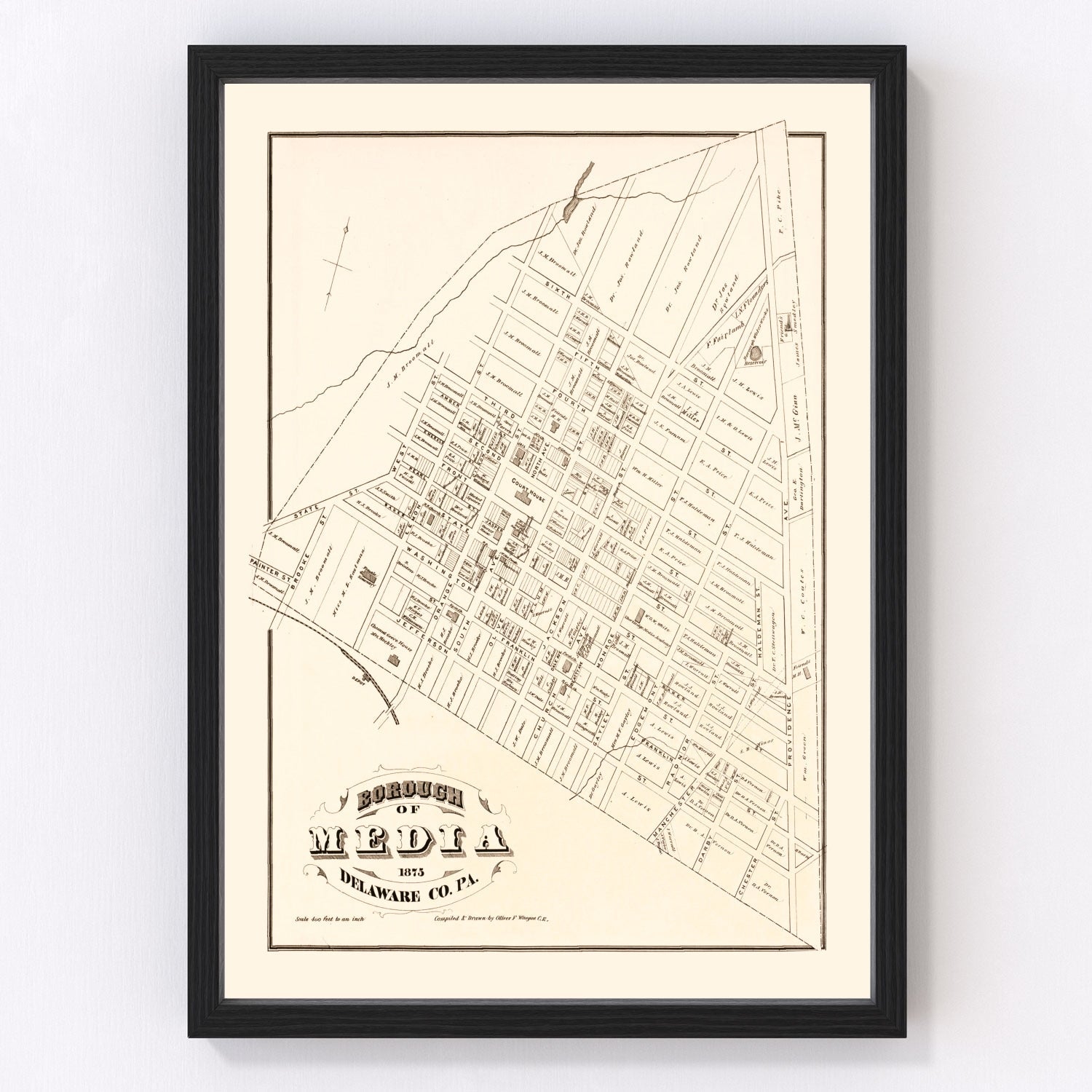 Vintage map of Media, Pennsylvania, 1875