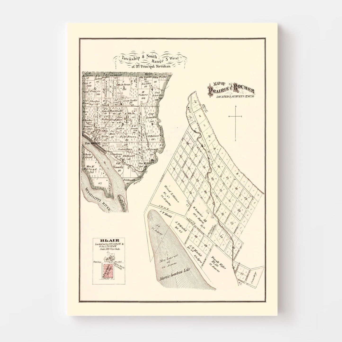 Vintage Map of Prairie du Rocher, Illinois, 1875