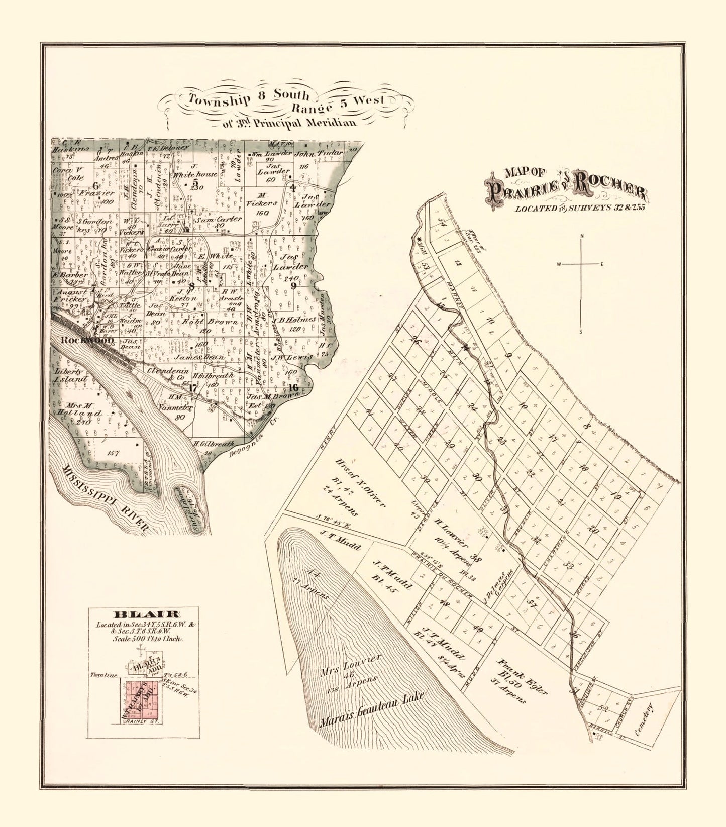 Vintage Map of Prairie du Rocher, Illinois, 1875