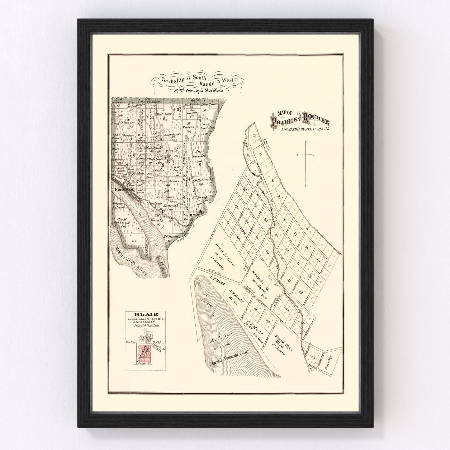 Vintage map of Prairie du Rocher, Illinois, 1875
