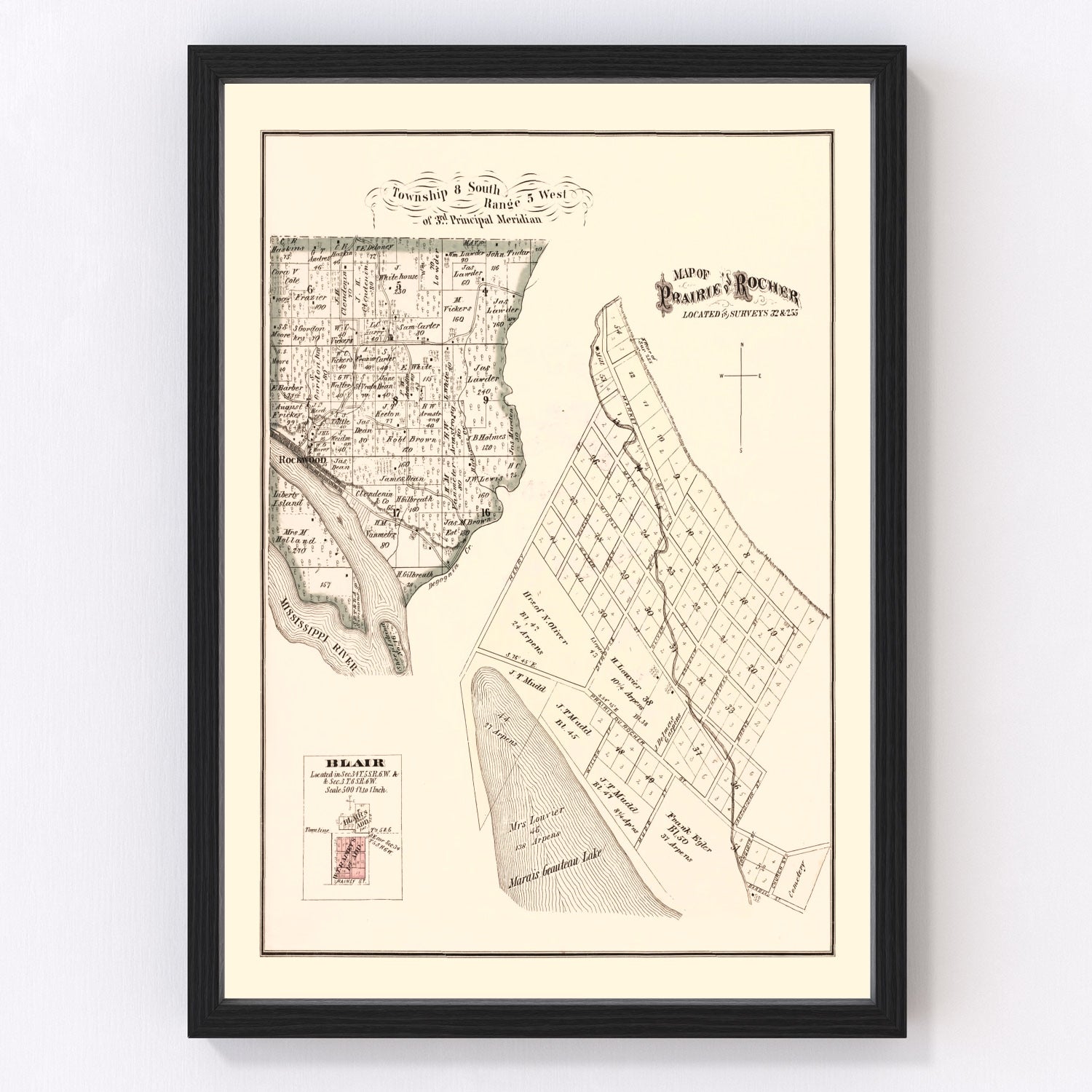 Vintage map of Prairie du Rocher, Illinois, 1875