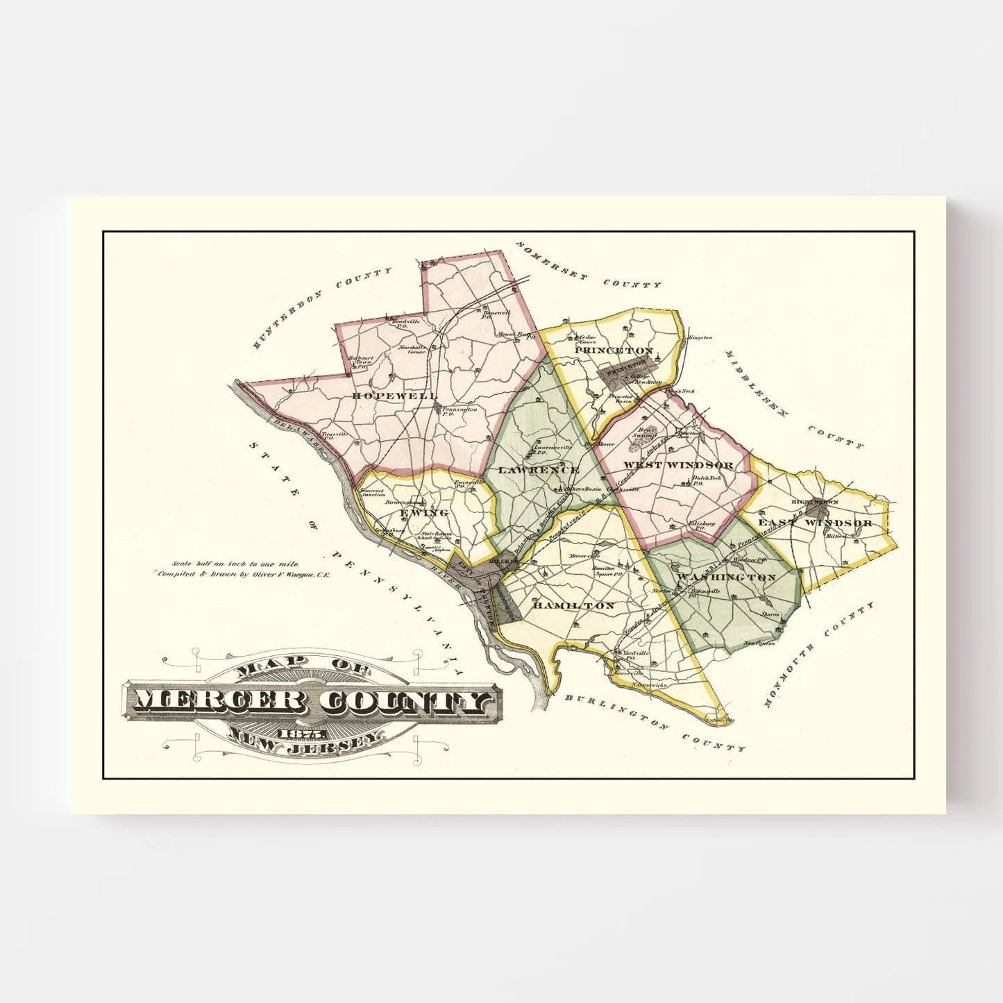 Vintage Map of Mercer County, New Jersey, 1875