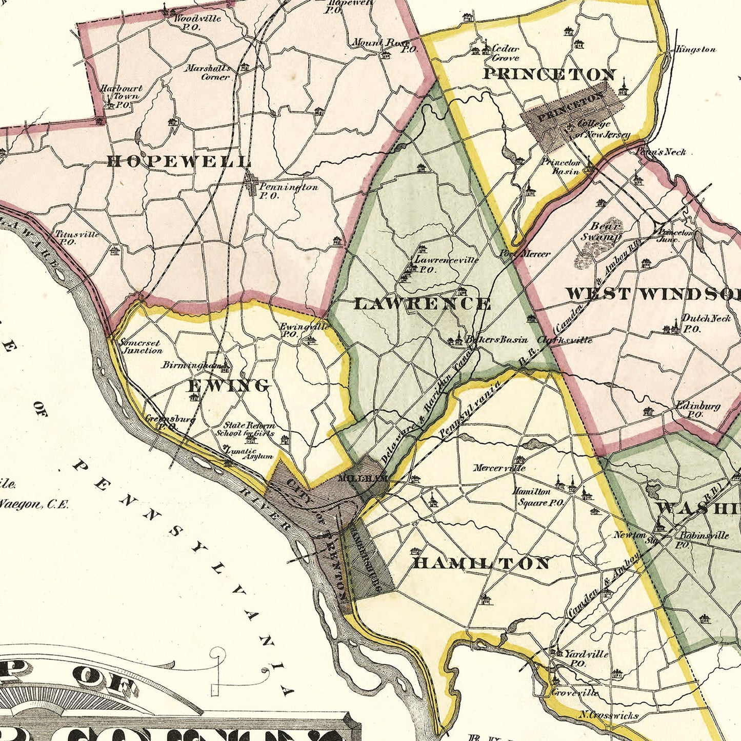 Vintage Map of Mercer County, New Jersey, 1875