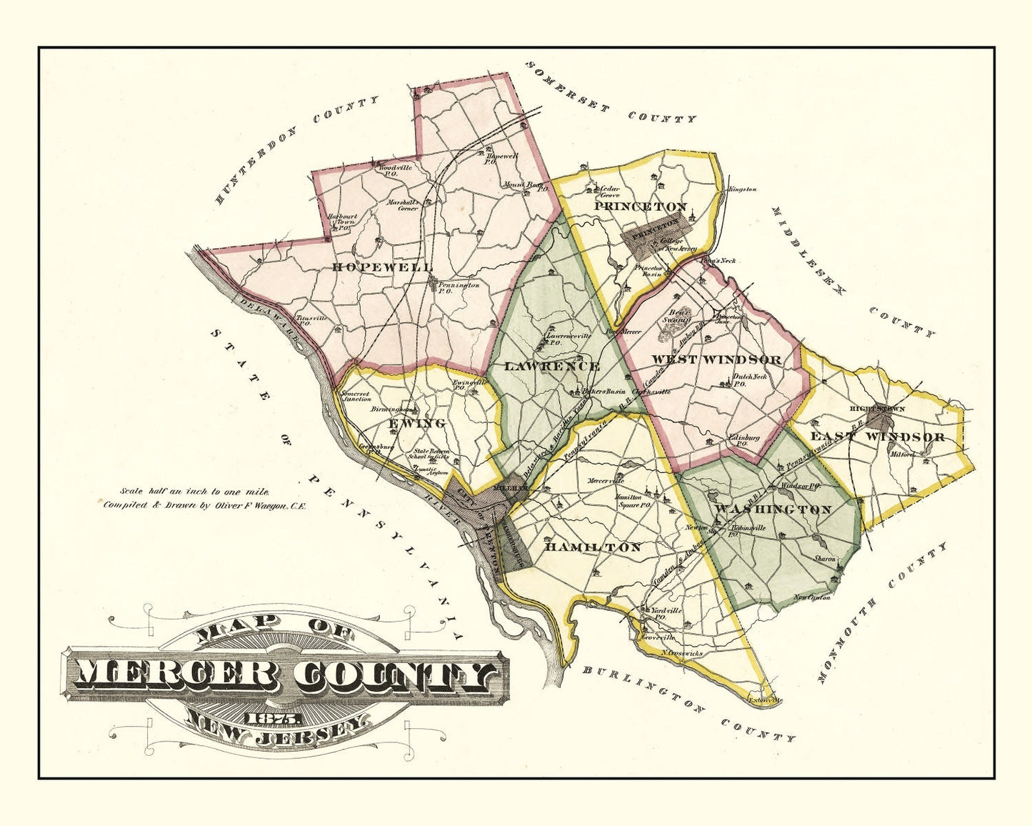 Vintage Map of Mercer County, New Jersey, 1875