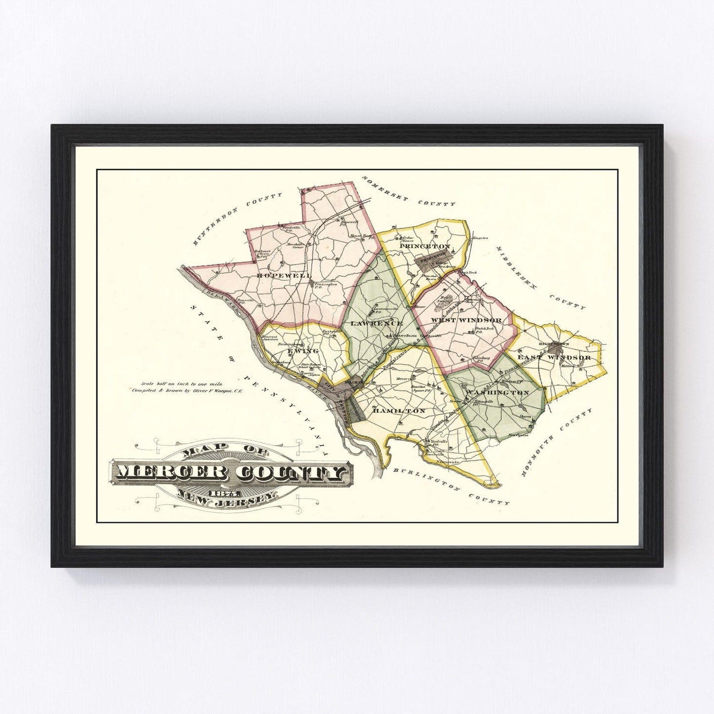 Vintage map of Mercer County, New Jersey, 1875