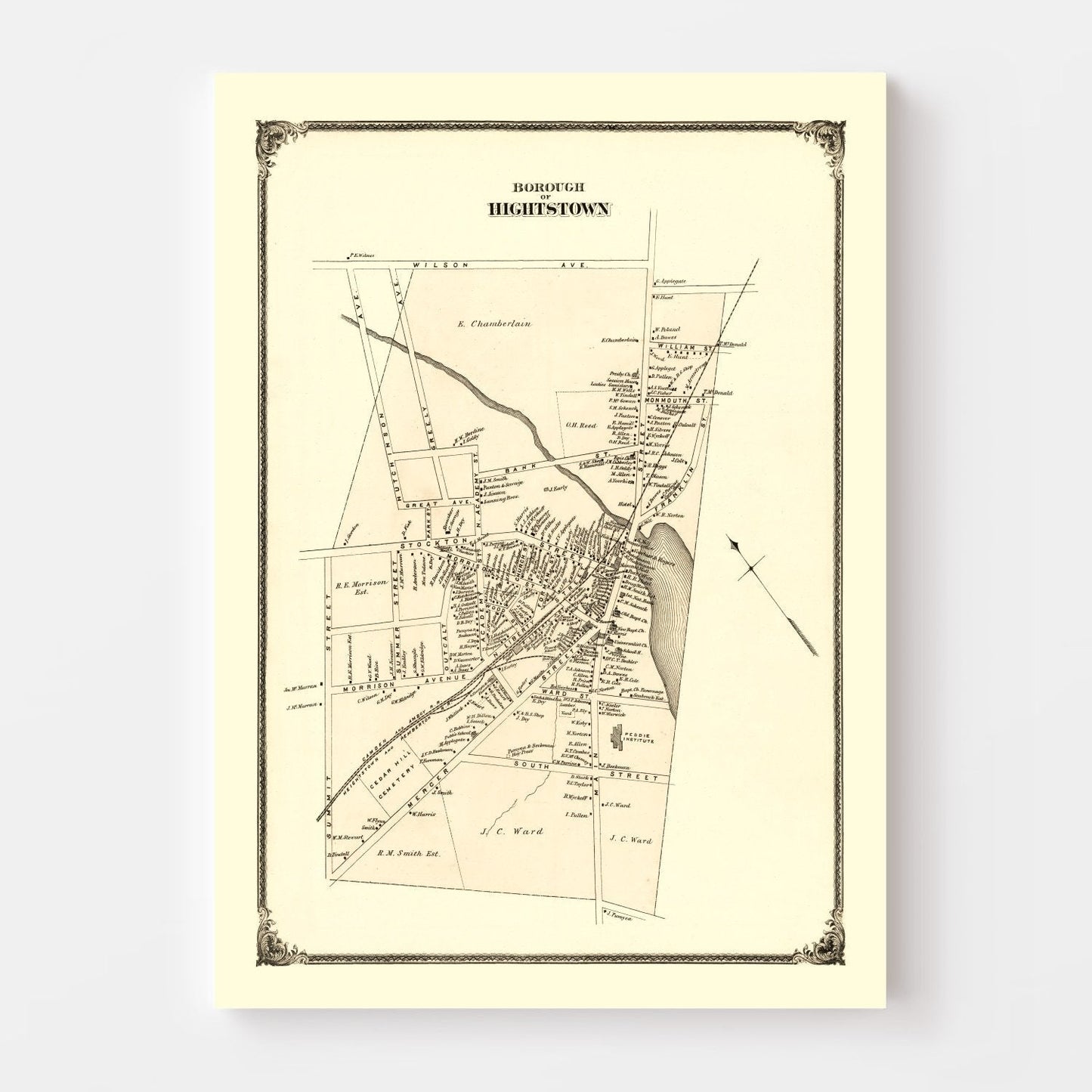 Vintage Map of Hightstown, Monmouth County, New Jersey, 1875