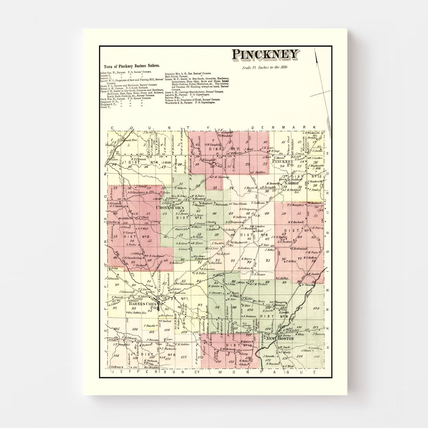 Vintage Map of Pinckney Township, Lewis County, New York, 1875