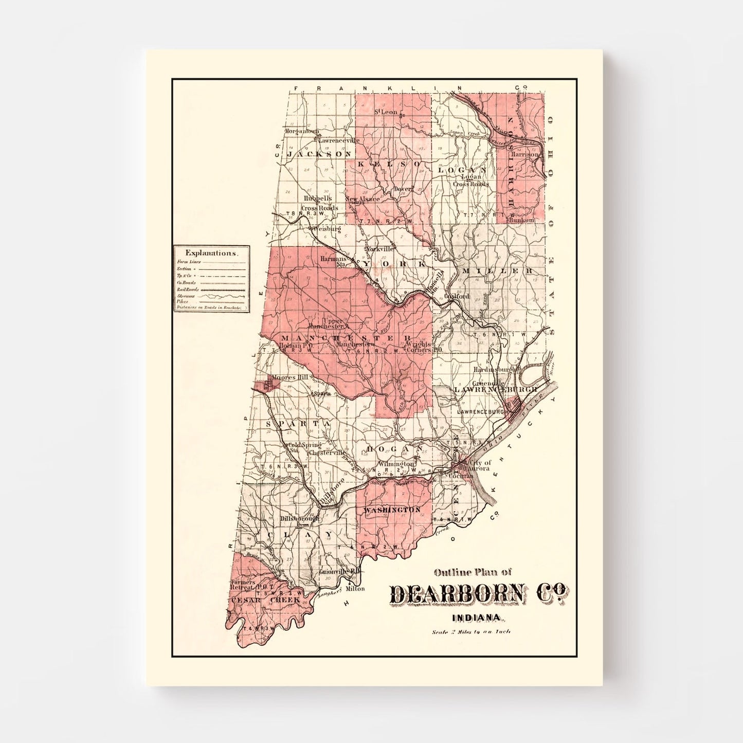 Vintage Map of Dearborn County, Indiana, 1875