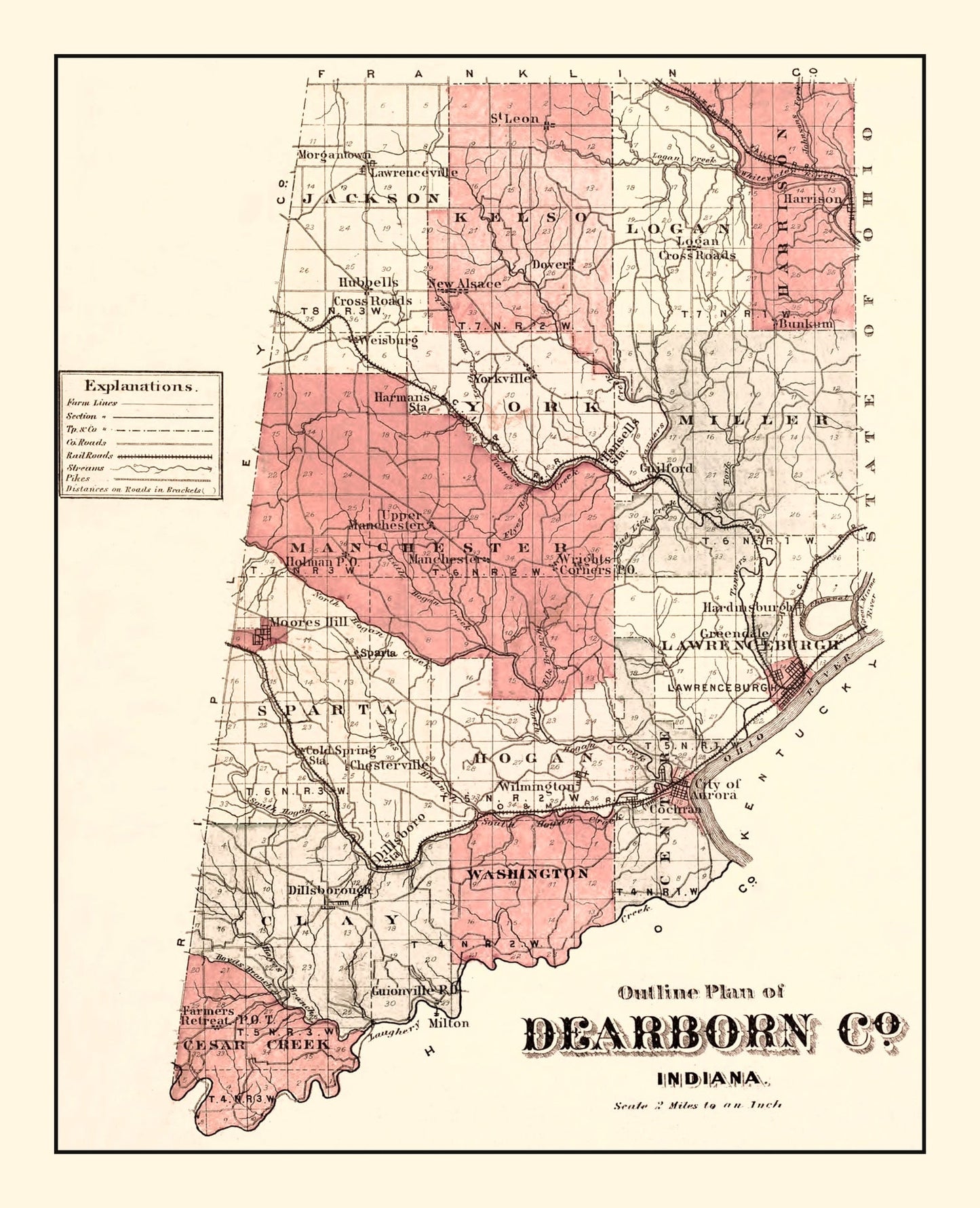 Vintage Map of Dearborn County, Indiana, 1875