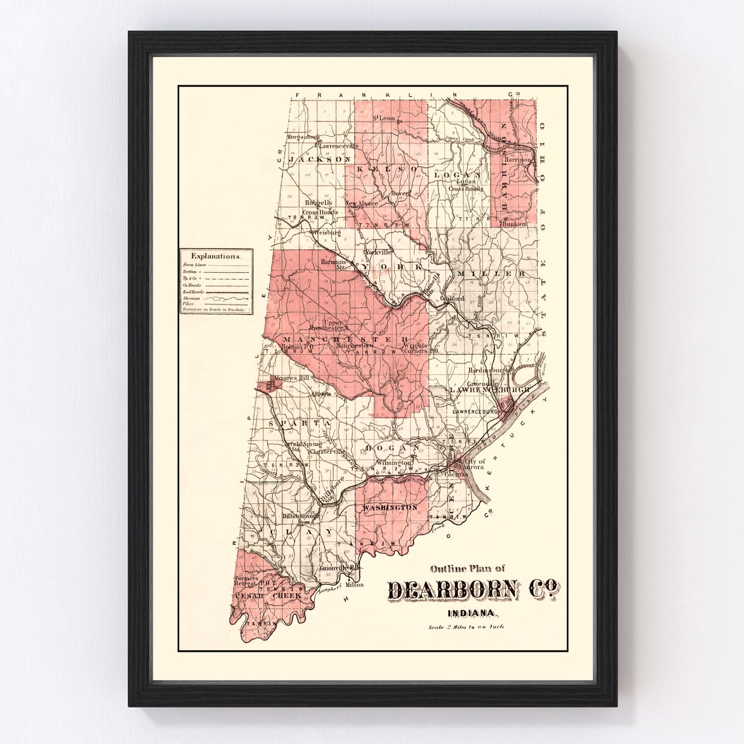 vintage map of Dearborn County, Indiana, 1875