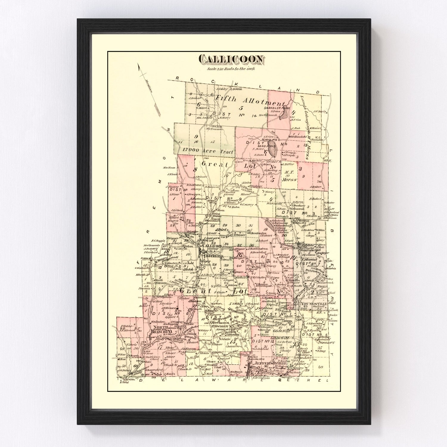 Vintage map of Callicoon Township, Sullivan County, New York, 1875, Catskills restored print