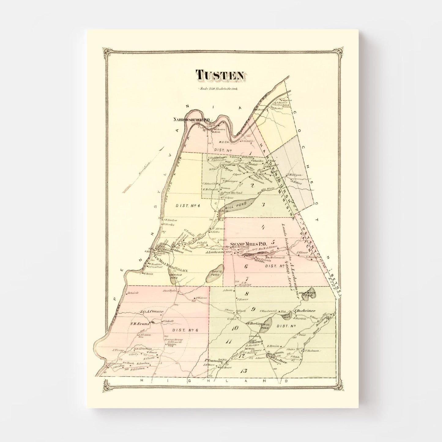 Vintage Map of Tusten Township, Sullivan County, New York, 1875