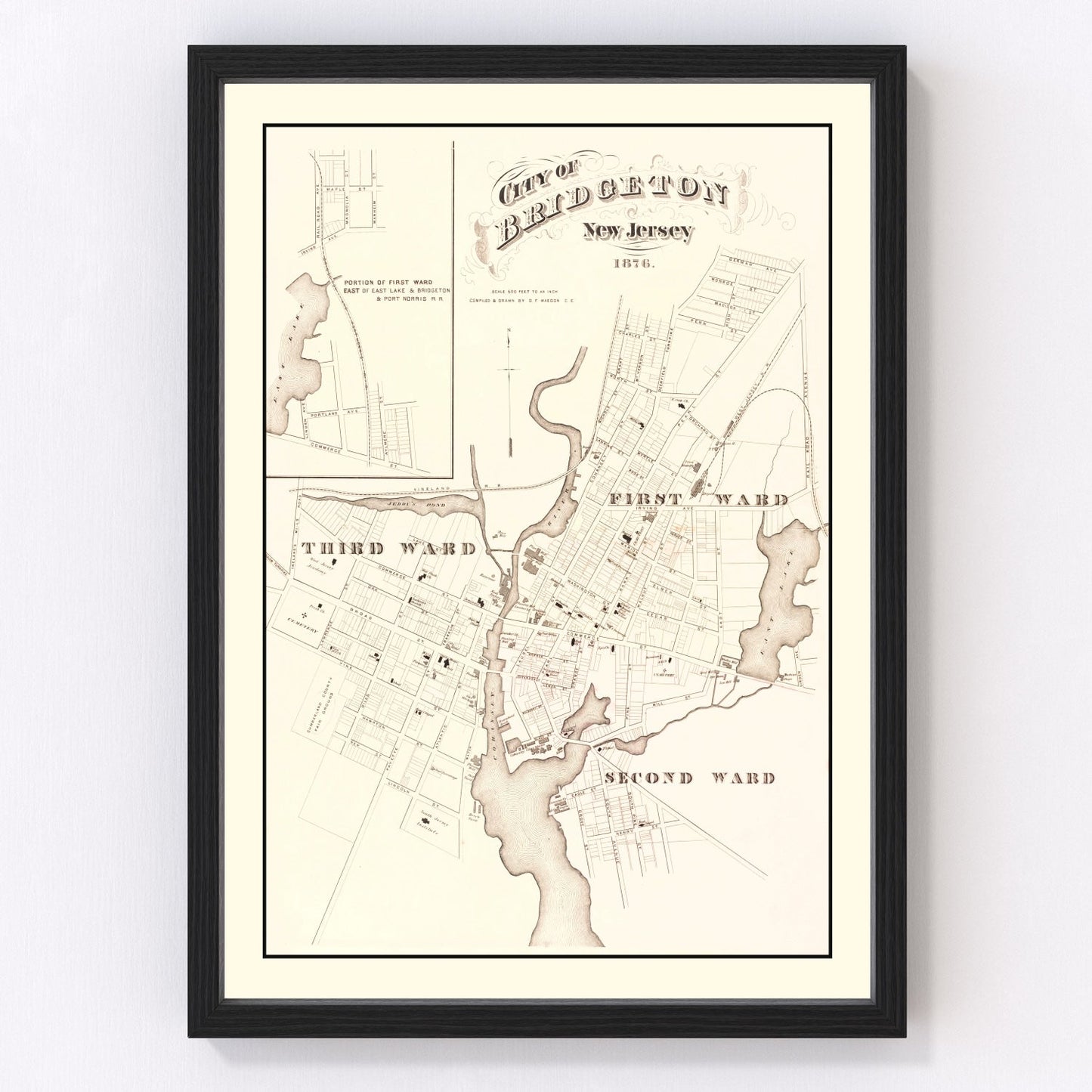 vintage map of Bridgeton New Jersey, 1876, restored print wall art