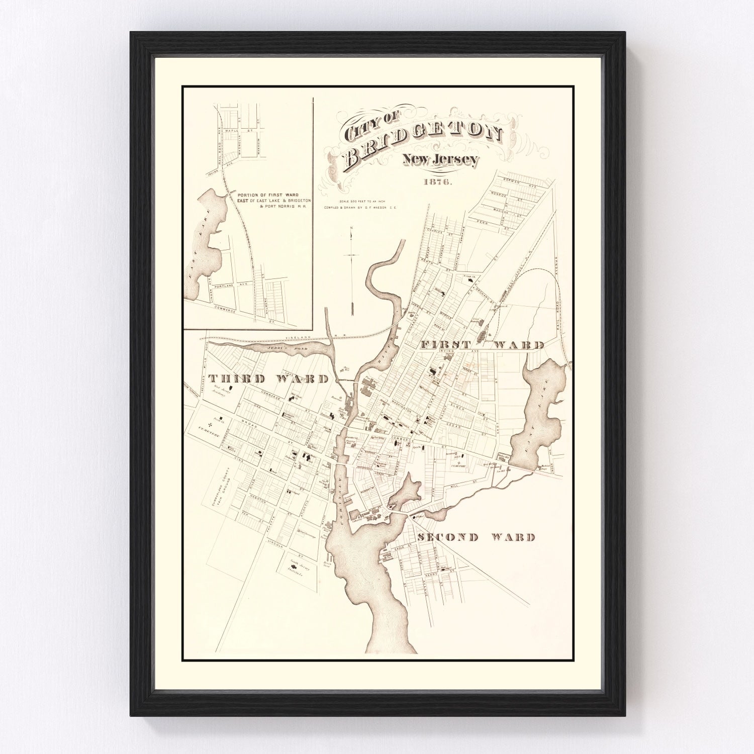 vintage map of Bridgeton New Jersey, 1876, restored print wall art