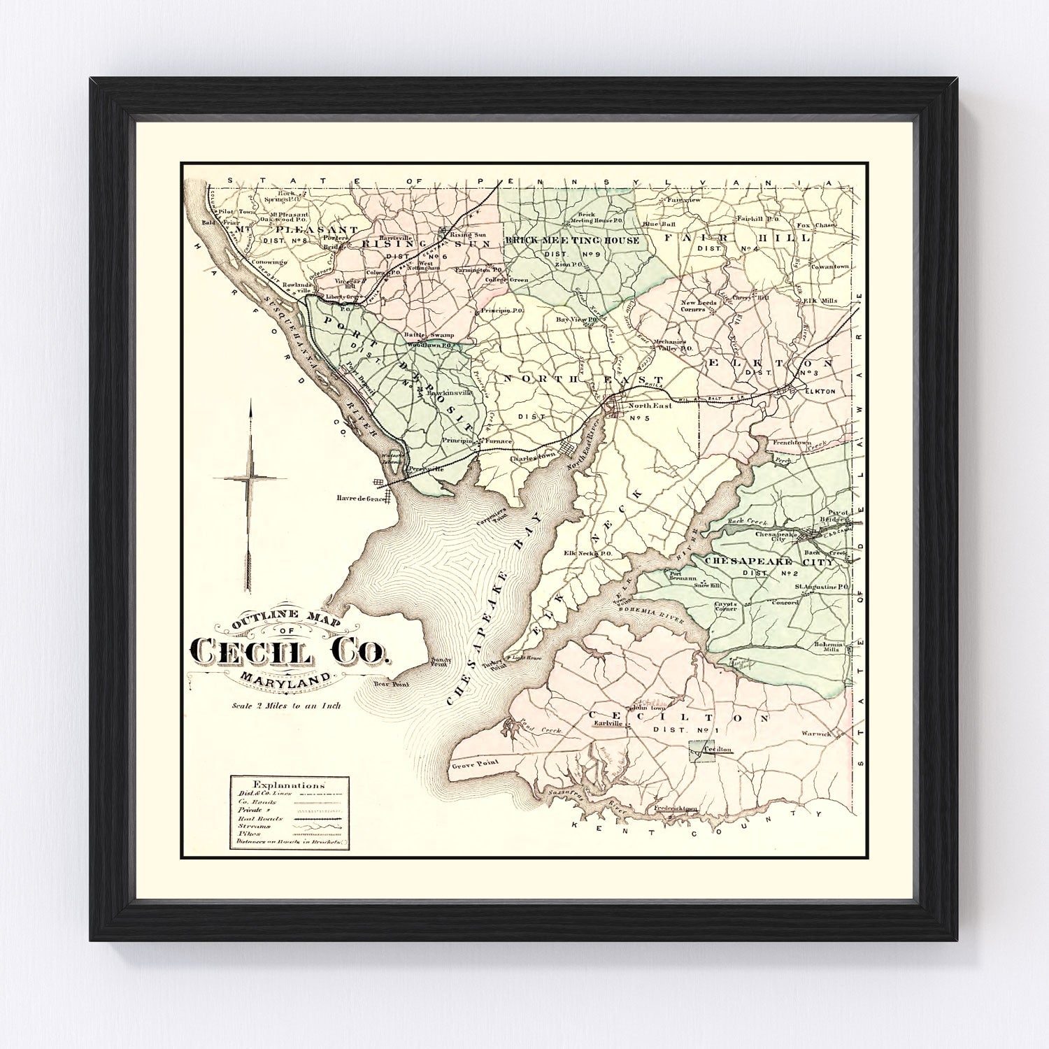 Vintage map of Cecil County, Maryland, 1877, restored vintage wall art print