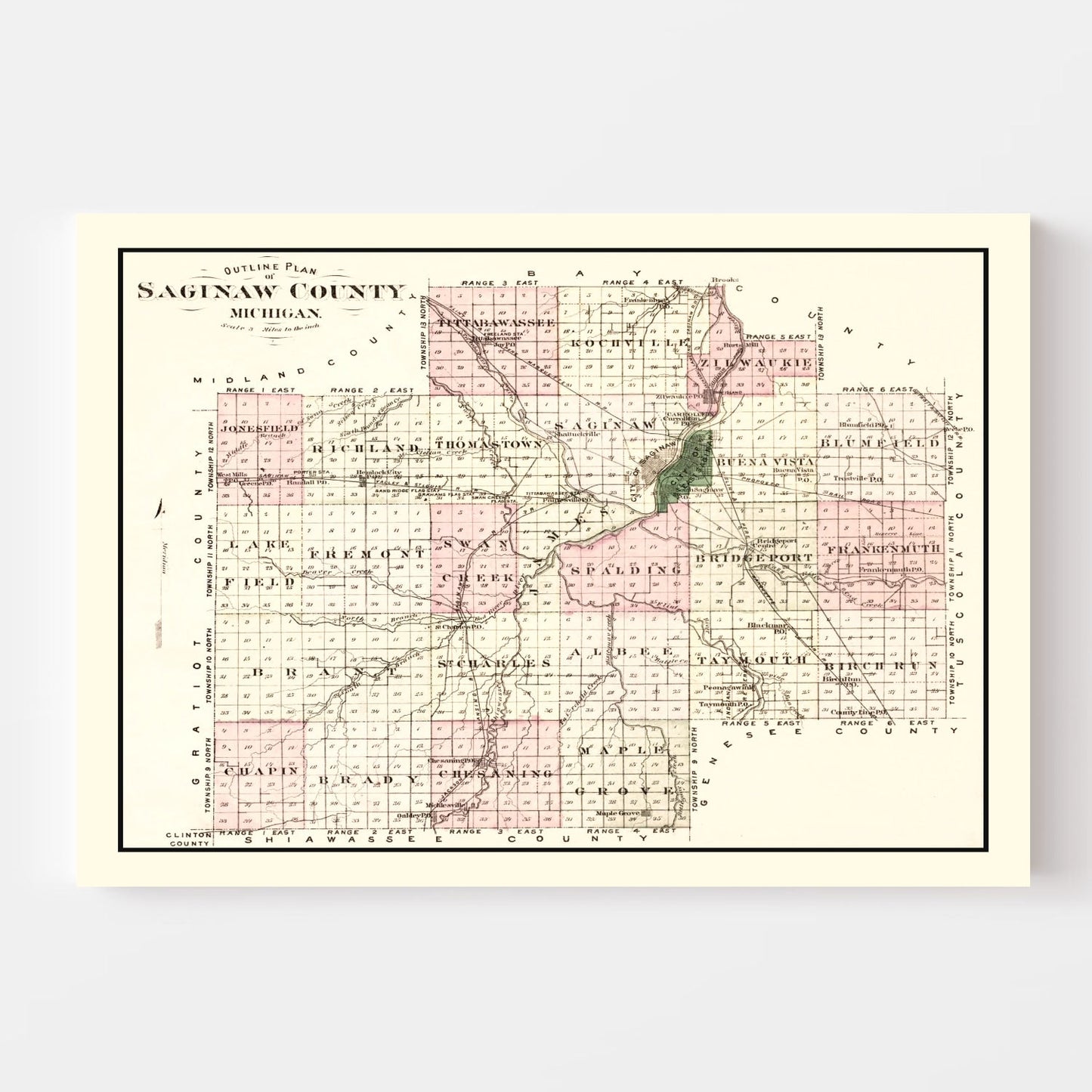 Vintage Map of Saginaw County, Michigan, 1877