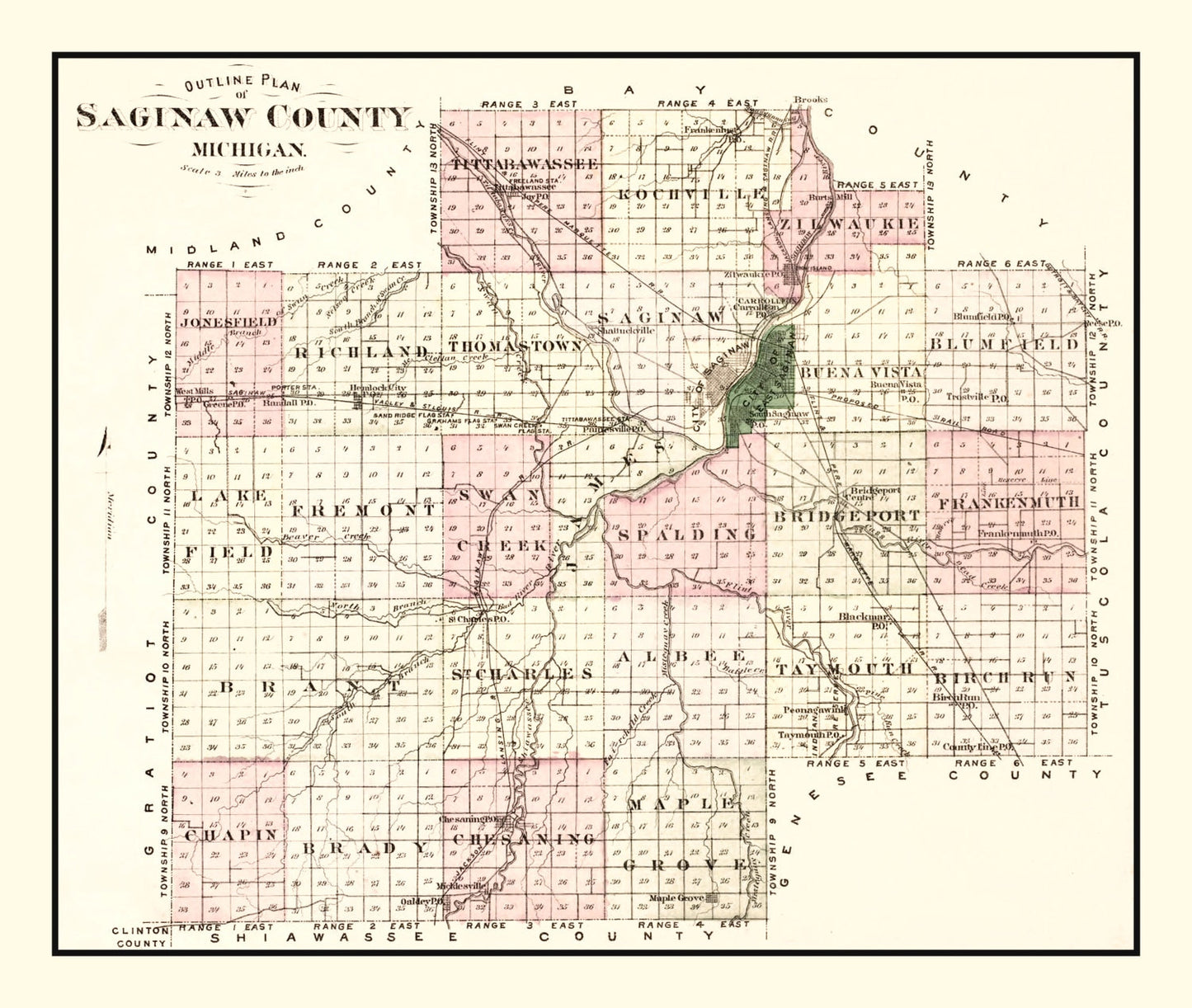 Vintage Map of Saginaw County, Michigan, 1877