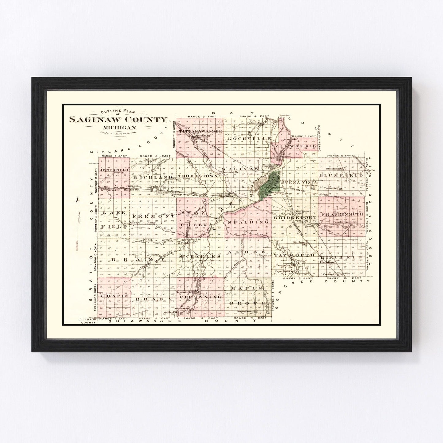 vintage map of Saginaw County, Michigan, 1877
