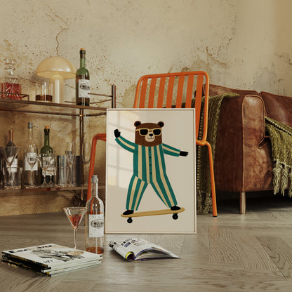 Cool Bear on Skateboard Retro Kids Wall Art