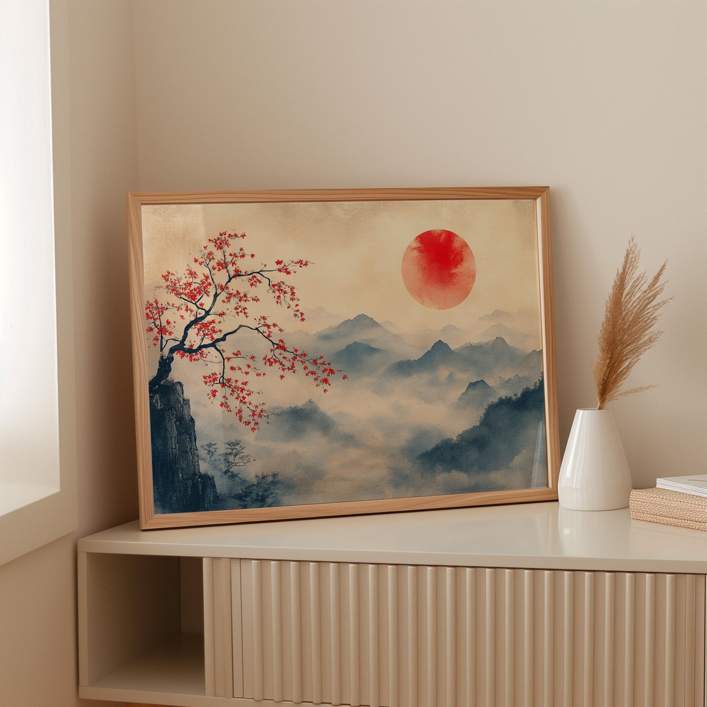 Japanese Red Sun and Misty Mountain Wall Art Print