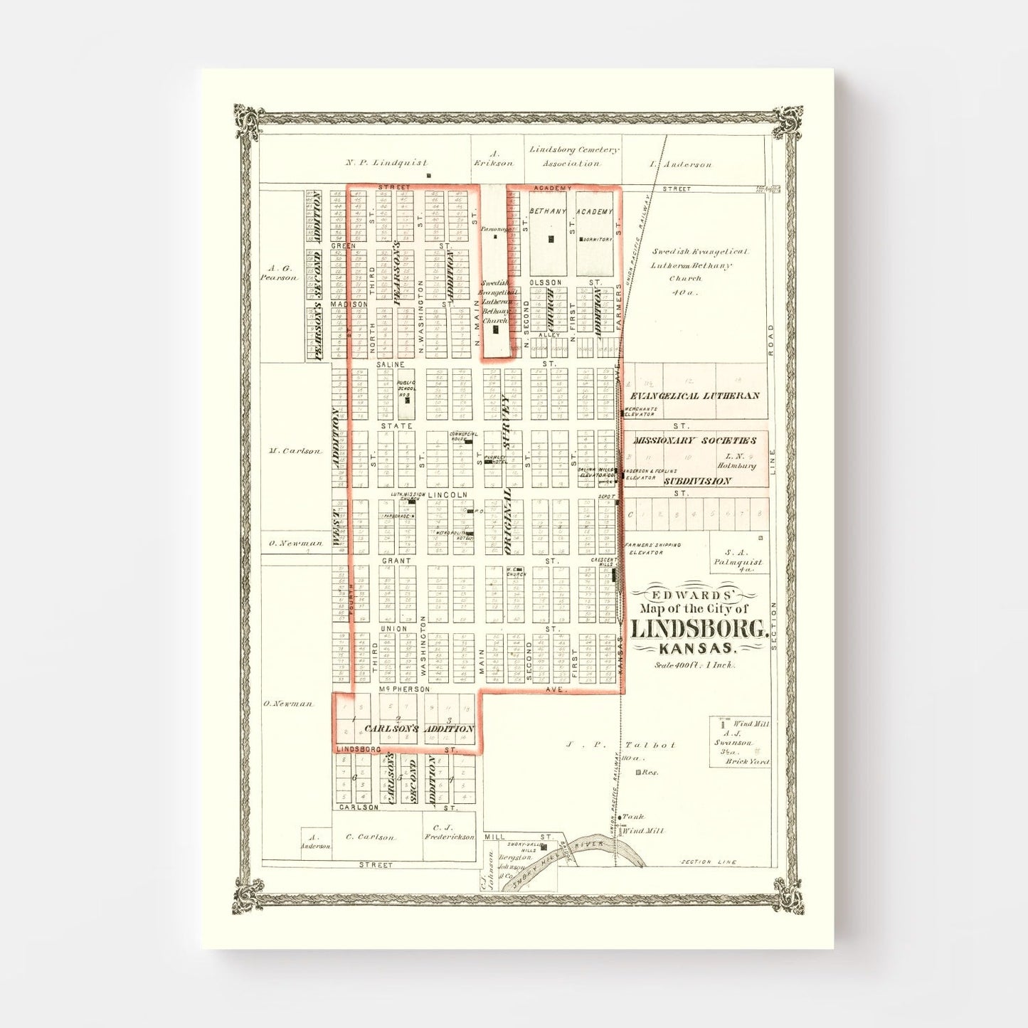 Vintage Map of Lindsborg, Kansas, 1884
