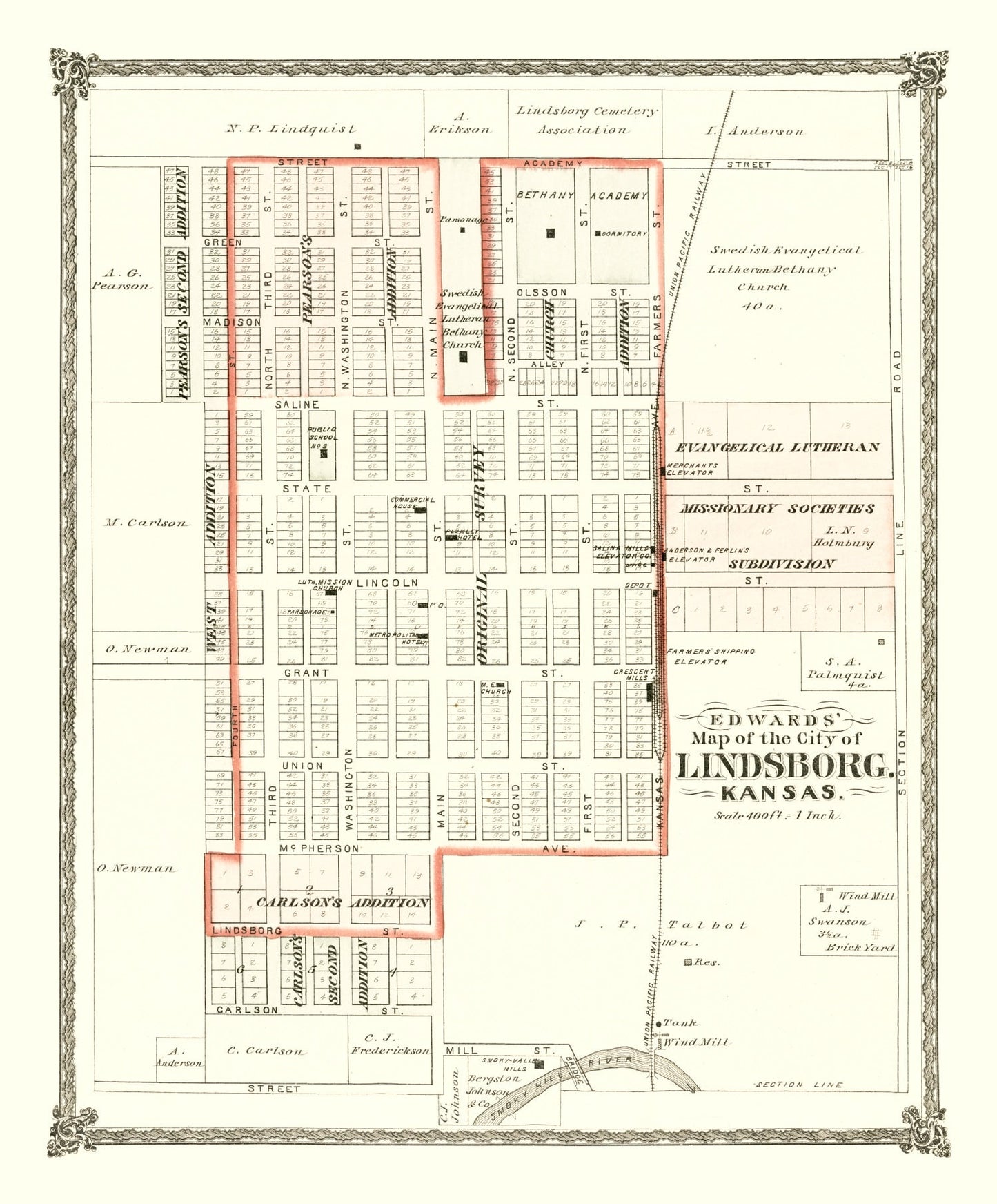 Vintage Map of Lindsborg, Kansas, 1884