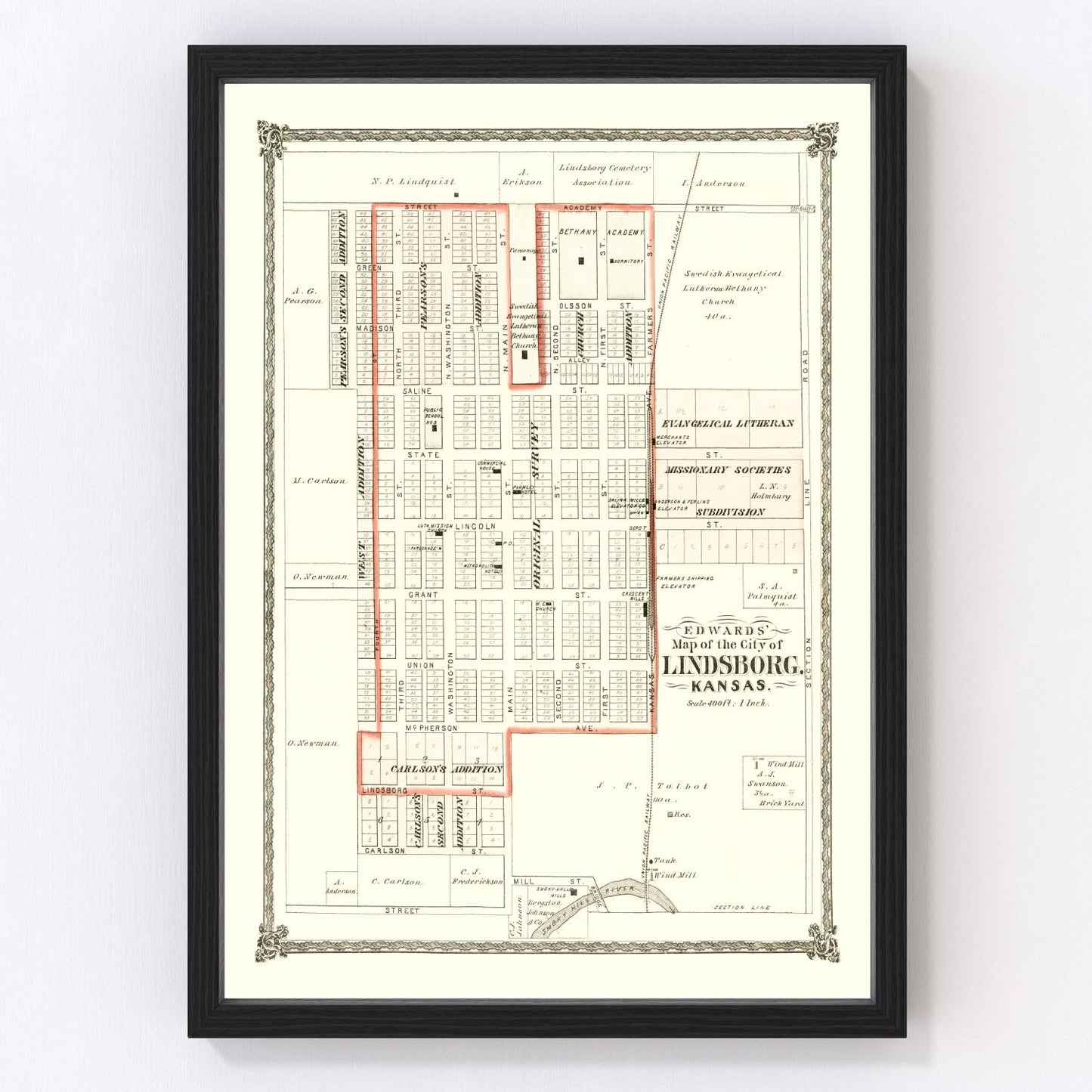 Vintage map of Lindsborg, Kansas, 1884