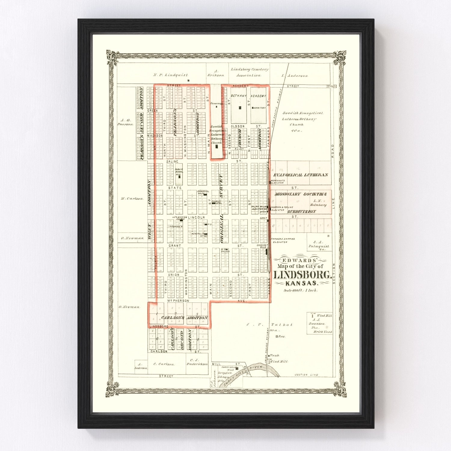 Vintage map of Lindsborg, Kansas, 1884