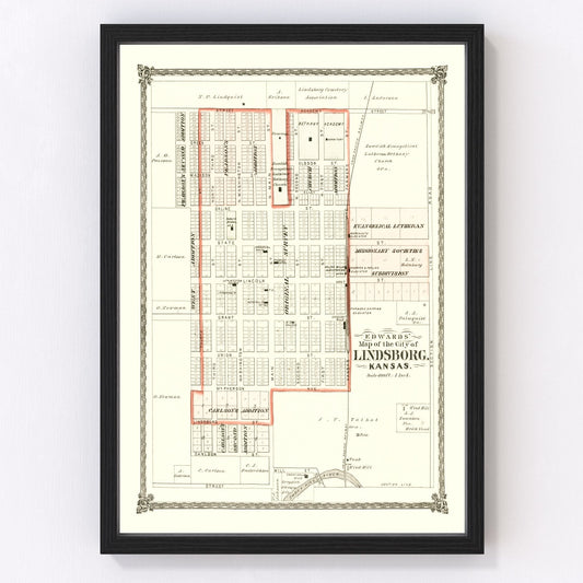 Vintage map of Lindsborg, Kansas, 1884