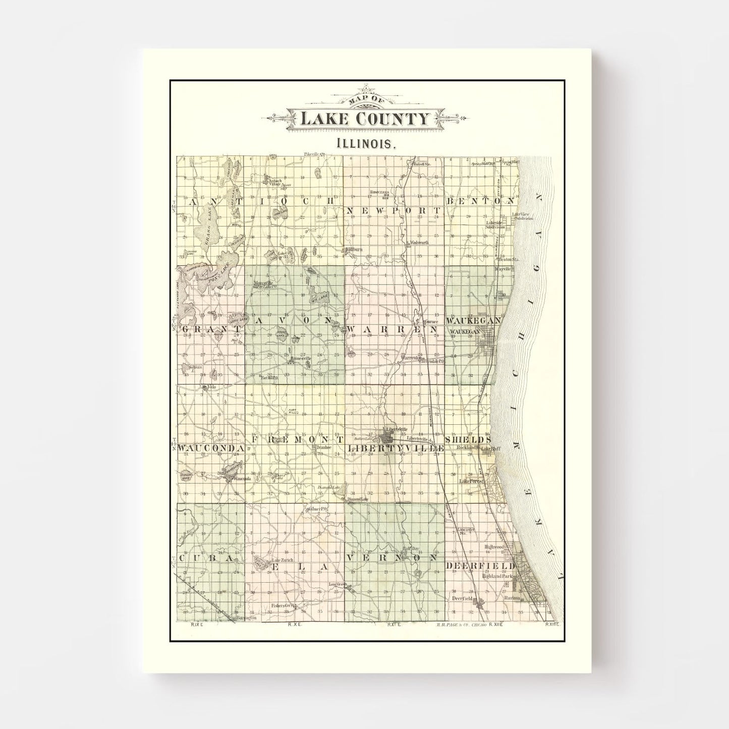 Vintage Map of Lake County, Illinois, 1885