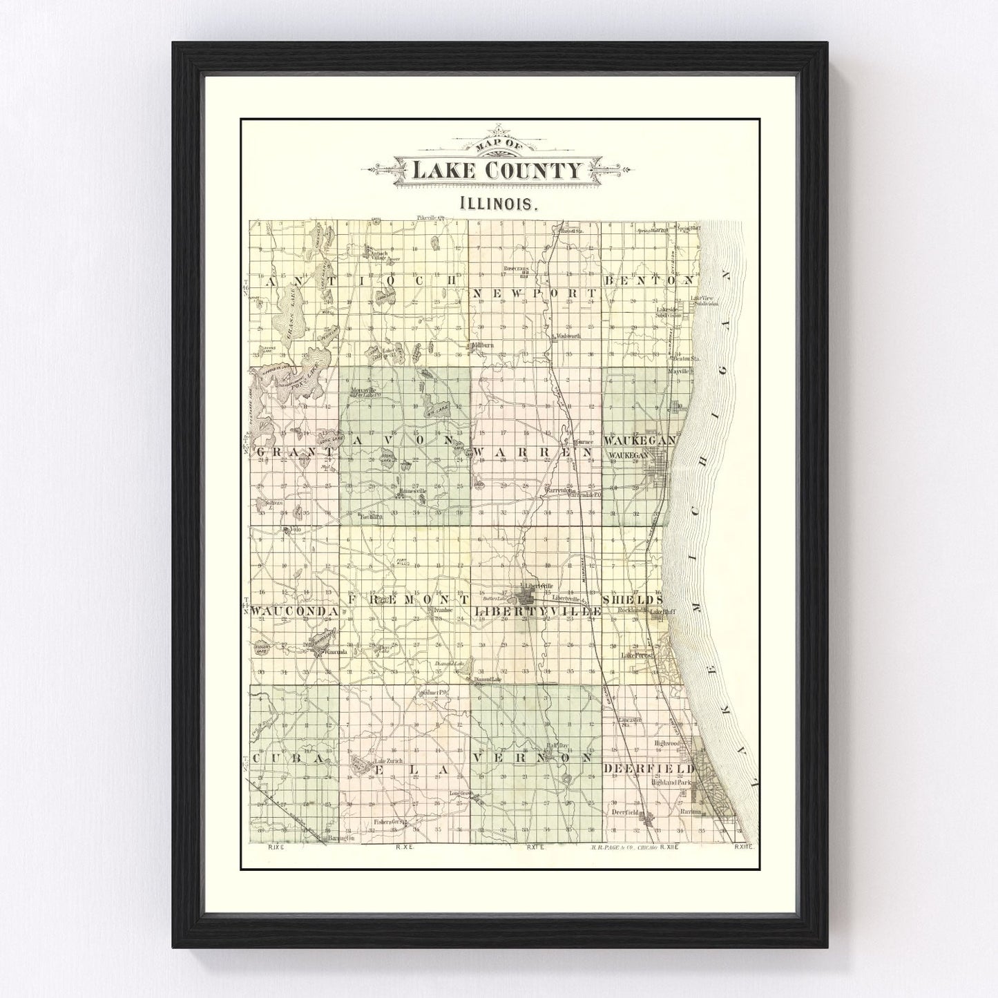 vintage map of Lake County, Illinois, 1885