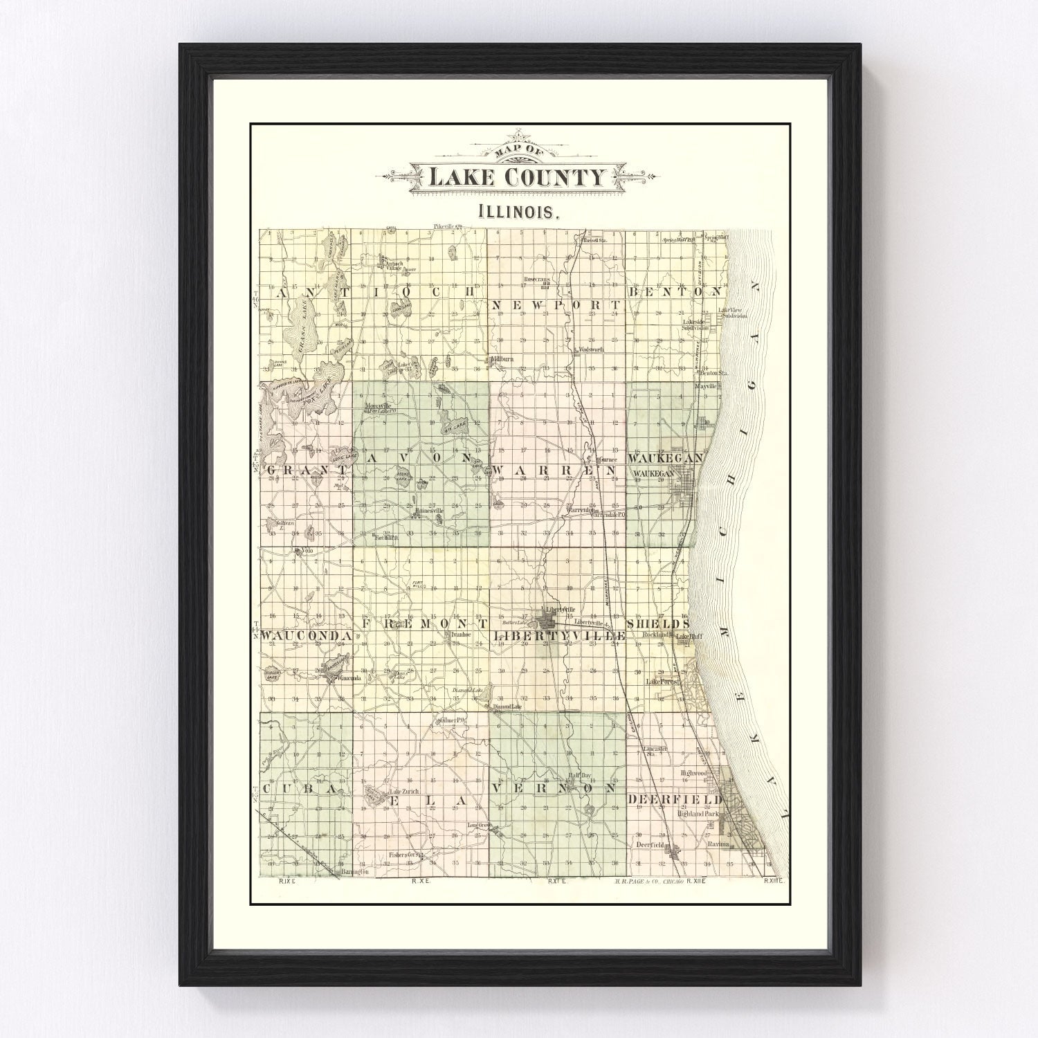vintage map of Lake County, Illinois, 1885