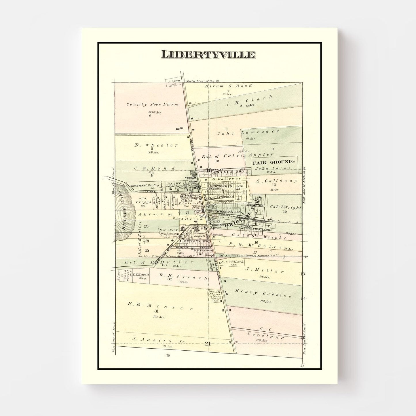 Vintage Map of Libertyville, Illinois, 1885