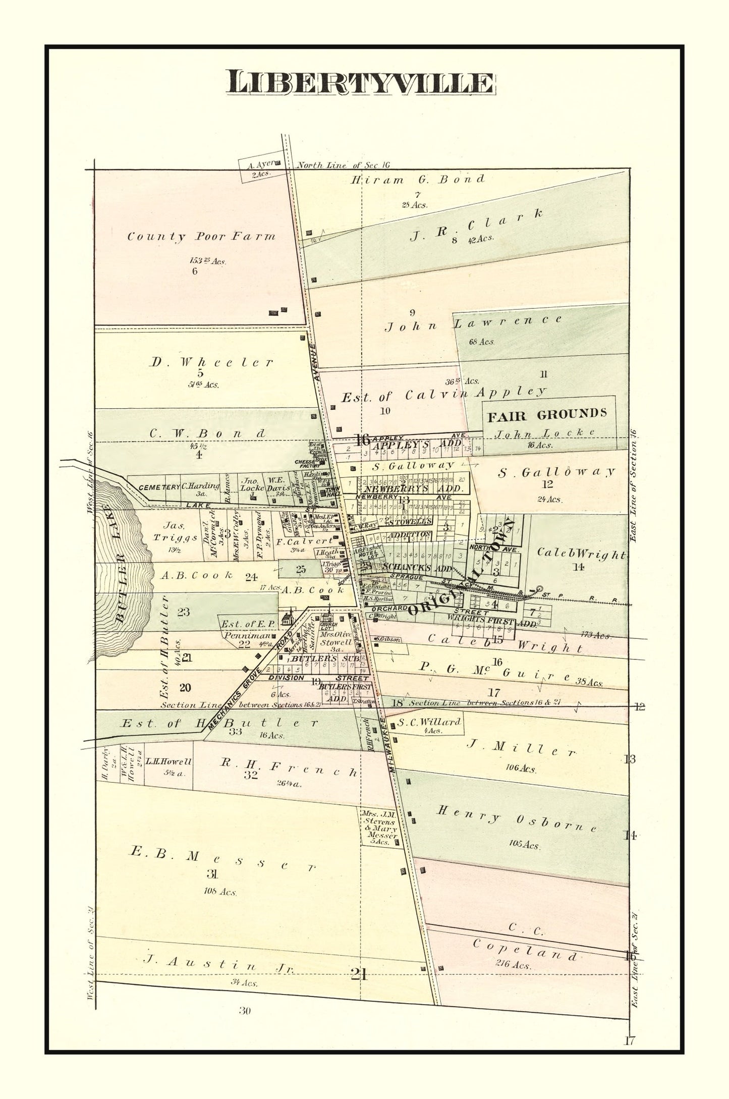 Vintage Map of Libertyville, Illinois, 1885