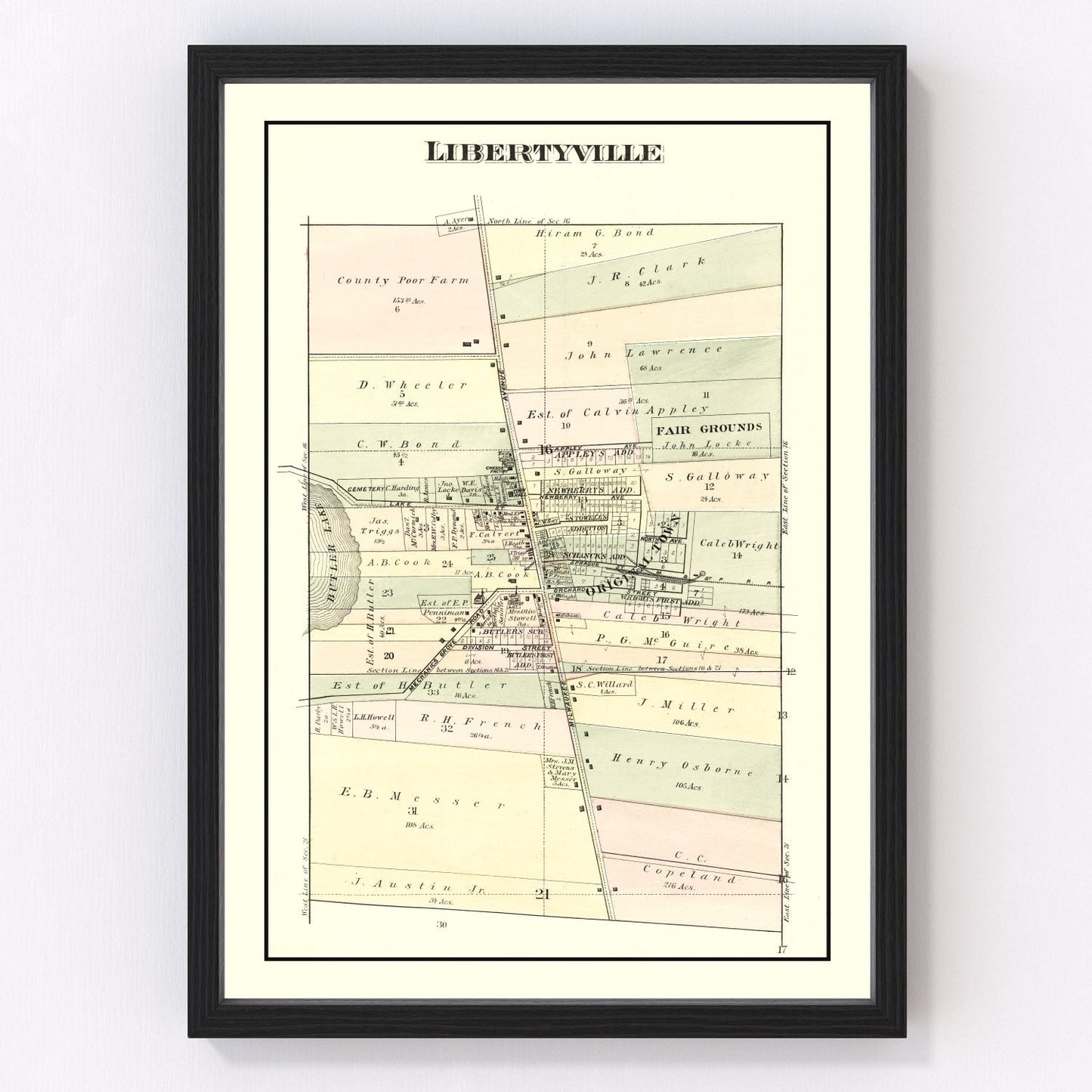 Vintage map of Libertyville, Illinois, 1885