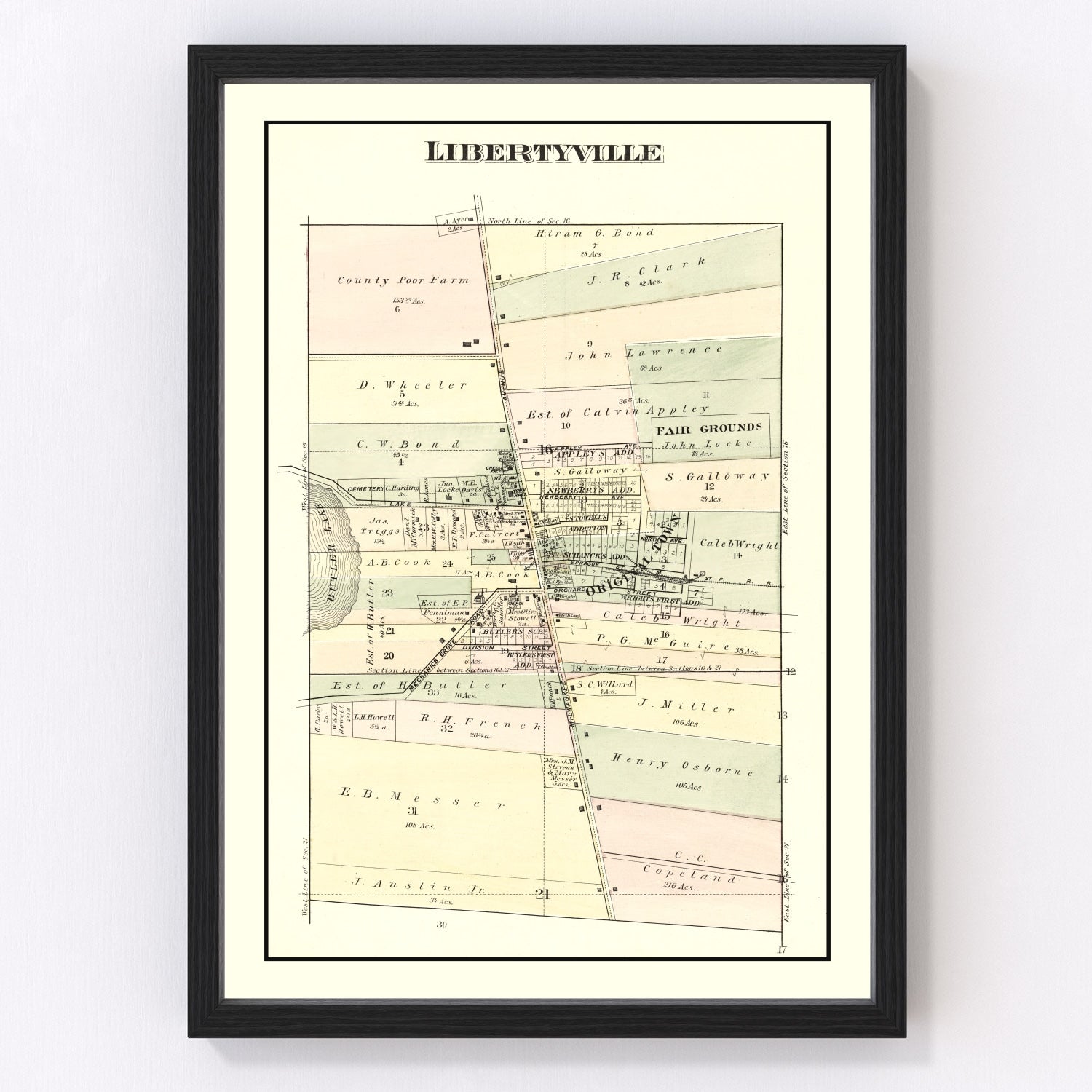 Vintage map of Libertyville, Illinois, 1885